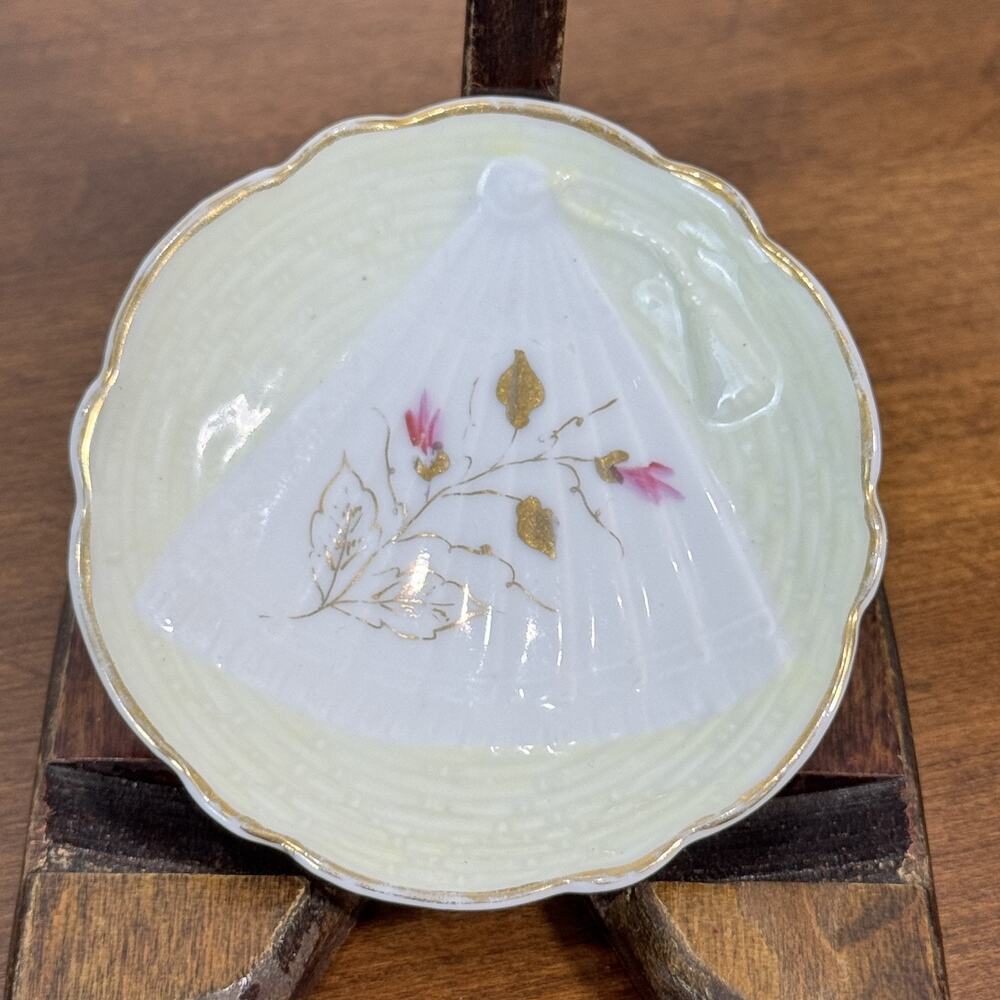 Vintage Hand-Painted Fan & Floral Miniature Collector Plate Gold Trim Scalloped